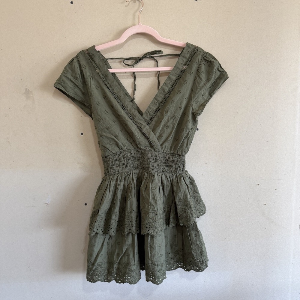 NWT American Eagle Garden Party Eyelet Dress Olive Green Tiered Ruffle XS Petite